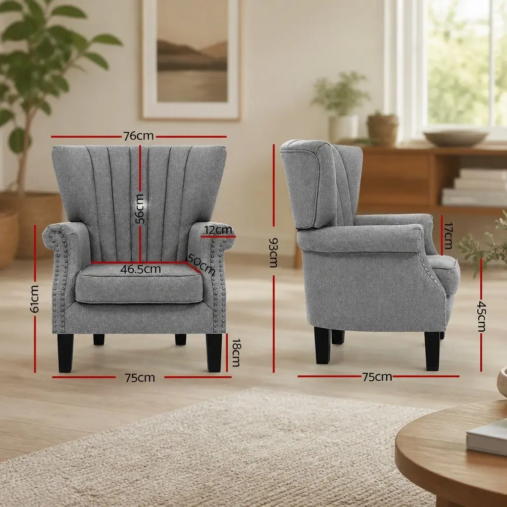 Full-Size Grey Wingback Armchair with Button Studs