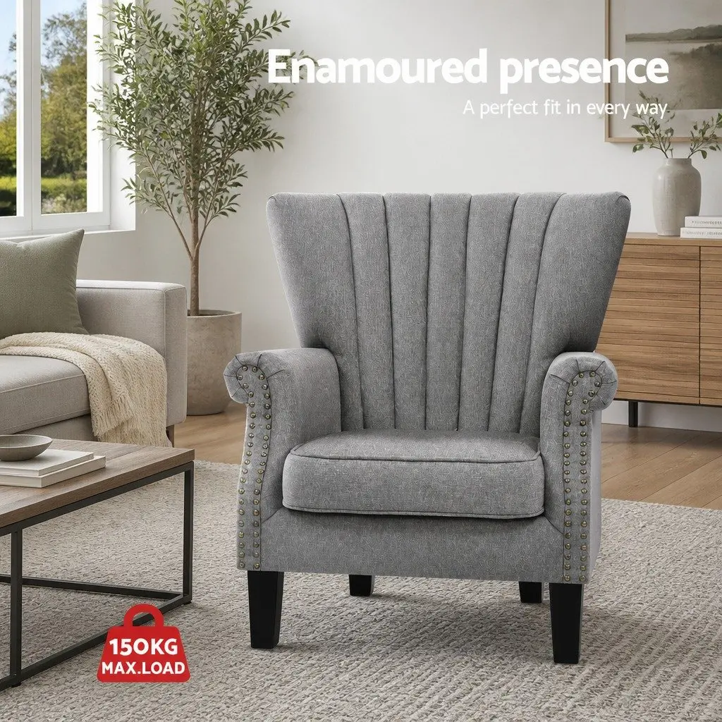 Full-Size Grey Wingback Armchair with Button Studs