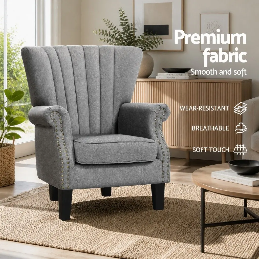 Full-Size Grey Wingback Armchair with Button Studs