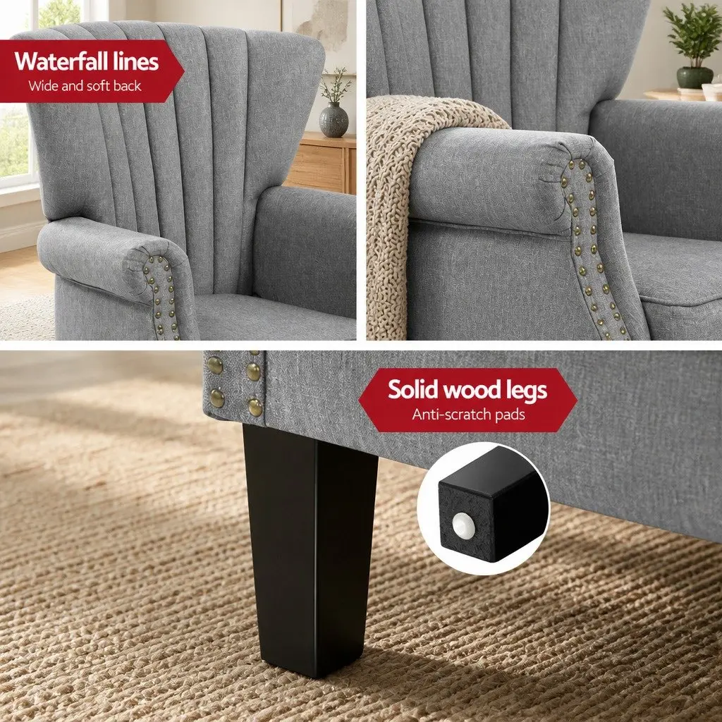 Full-Size Grey Wingback Armchair with Button Studs