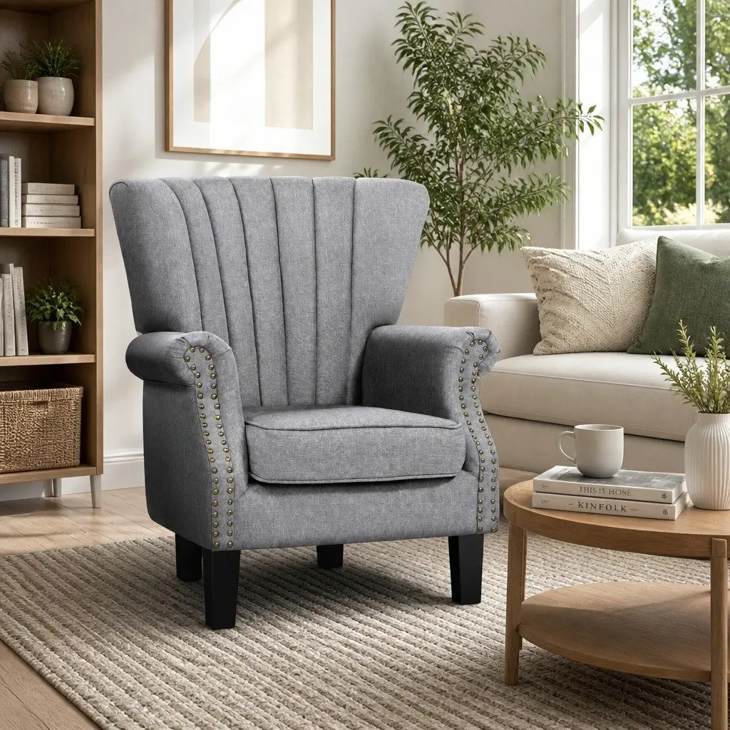 Full-Size Grey Wingback Armchair with Button Studs