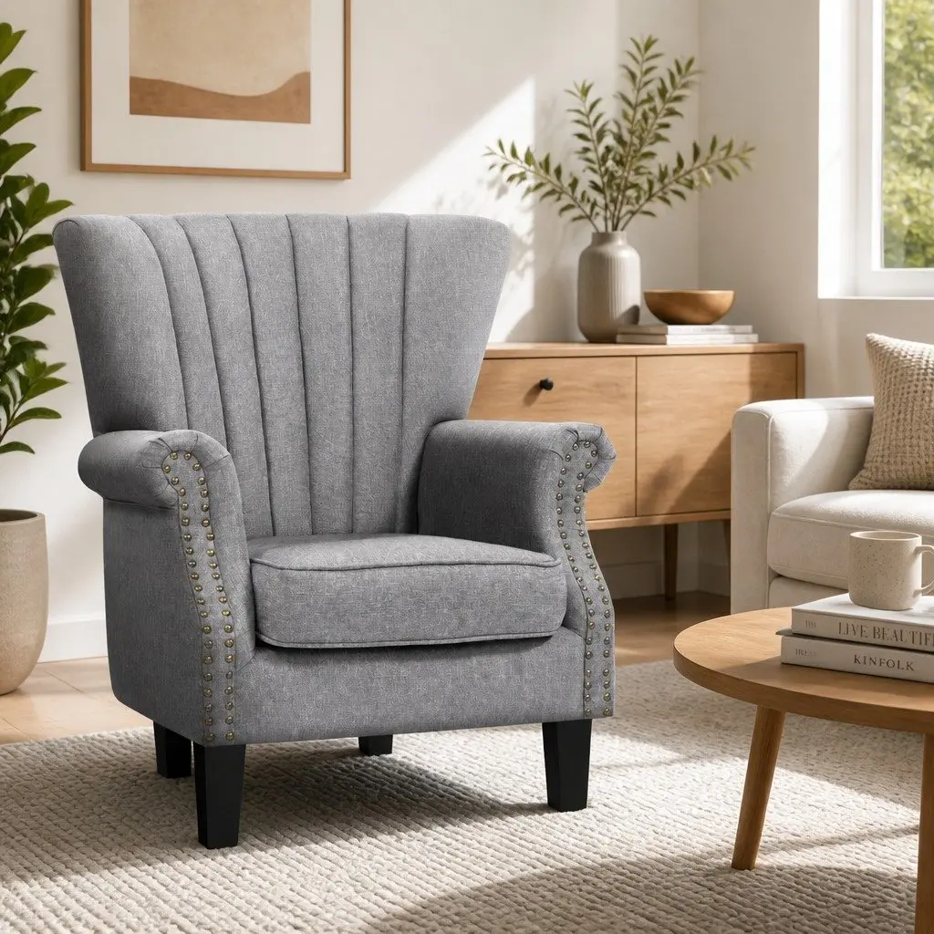 Full-Size Grey Wingback Armchair with Button Studs