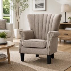 Beige Wingback Armchair with Button Studs and Waterfall Backrest