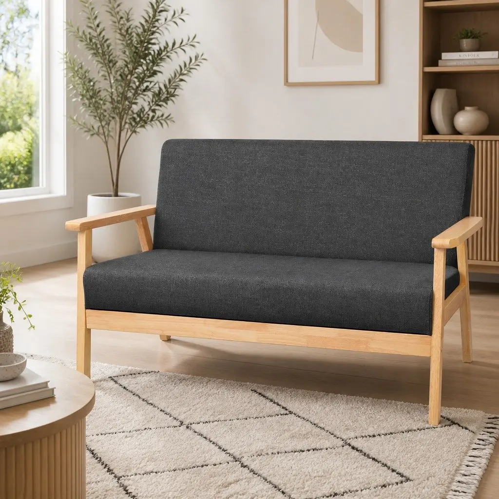 2-Seater Sofa Rubber Wood 113cm Grey Faux Linen