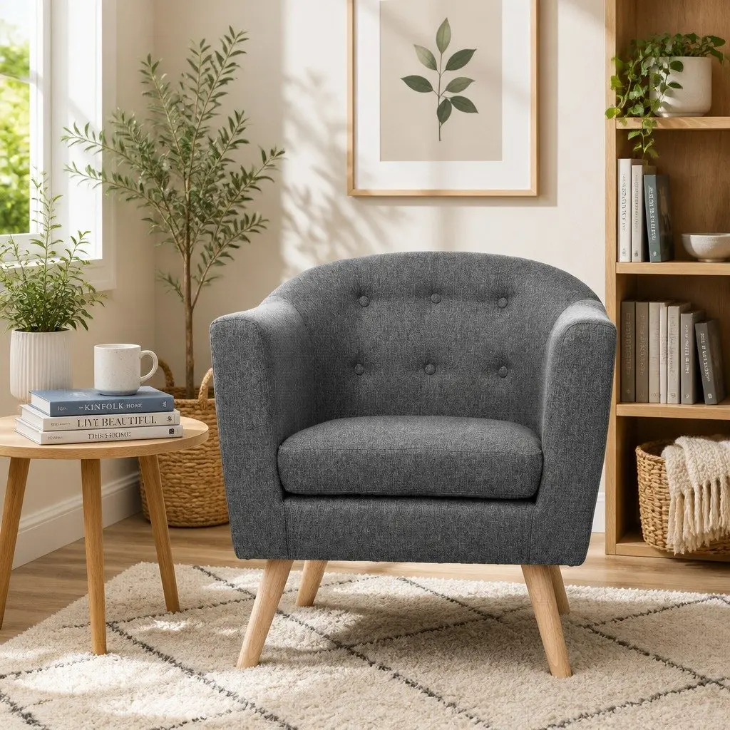 Tufted Upholstered Grey Armchair with Sturdy Frame