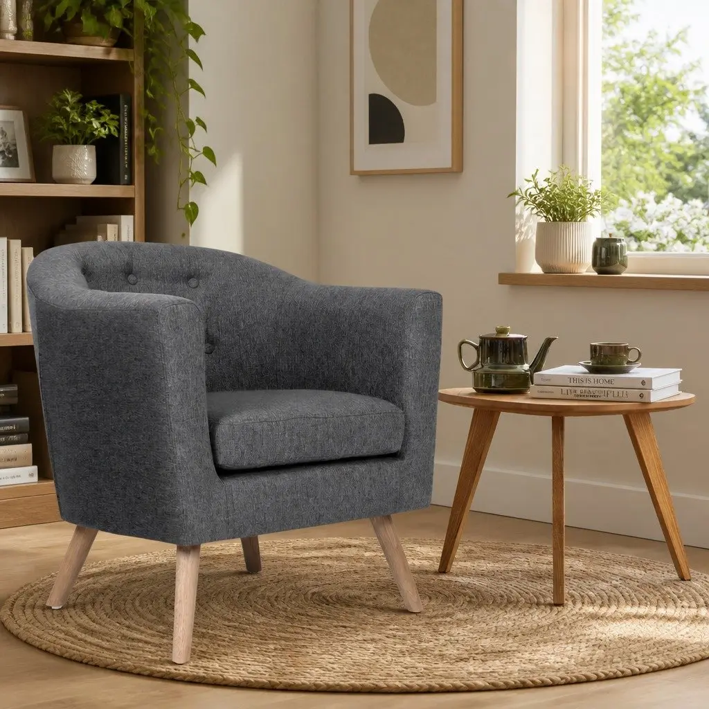 Tufted Upholstered Grey Armchair with Sturdy Frame