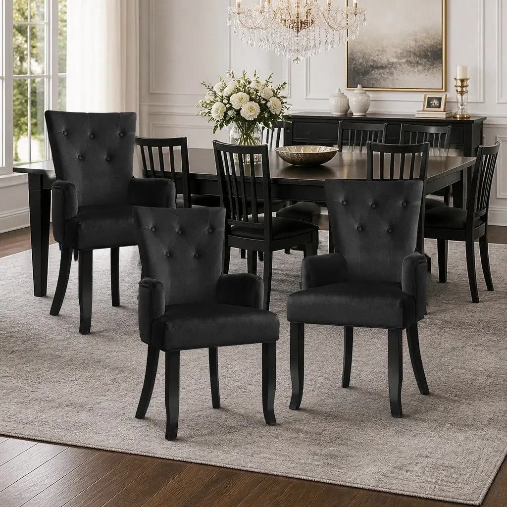4x Dining Chairs Velvet Armchair French Provincial Tufted Button Black
