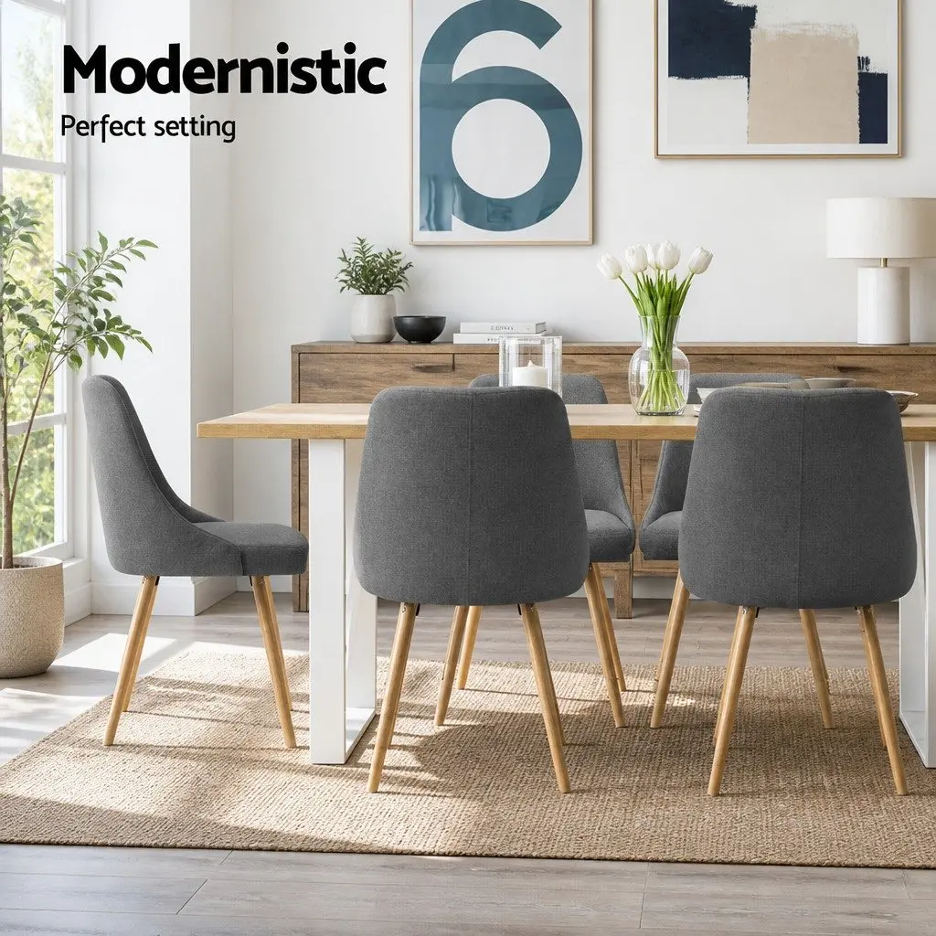 Set of 4 Grey Fabric Dining Chairs with Wooden Frames