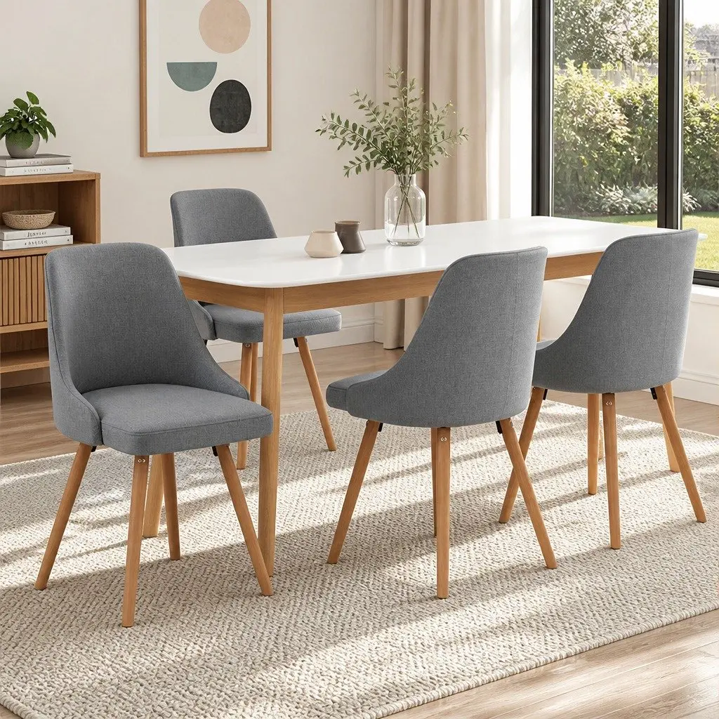 Set of 4 Grey Fabric Dining Chairs with Wooden Frames