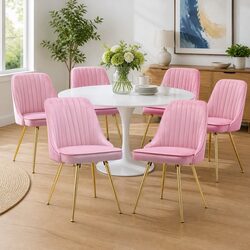 Modern Set of 6 Pink Velvet Dining Chairs with Gold Legs