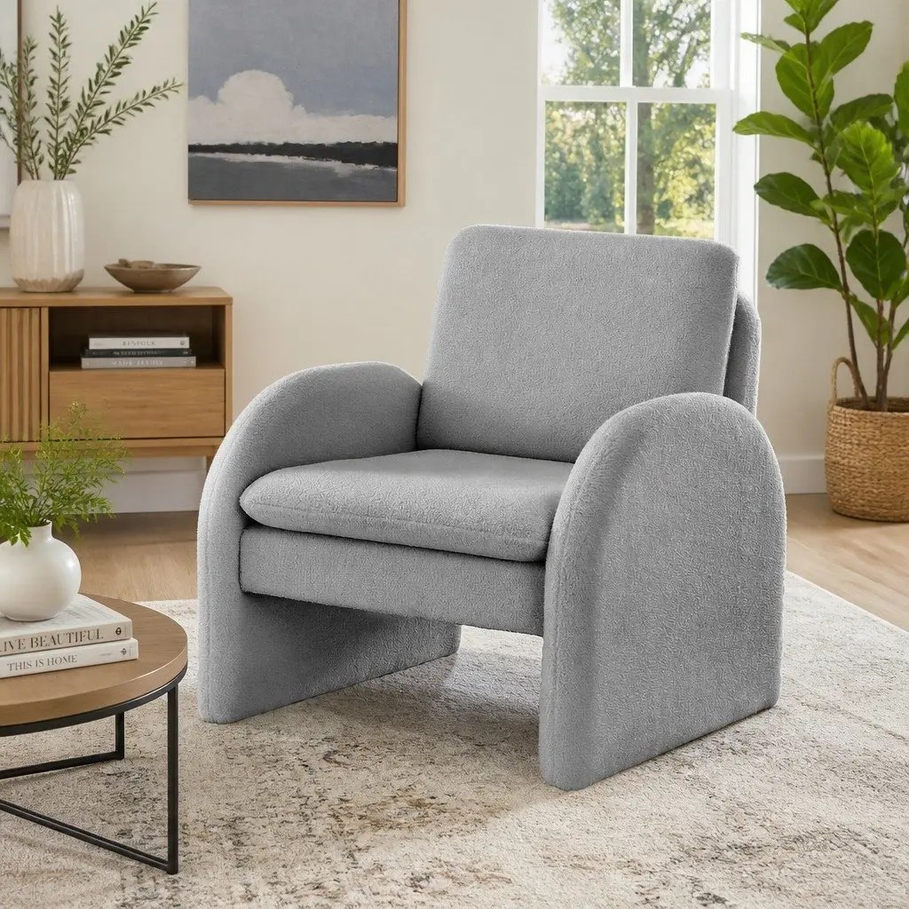 Grey Boucle Accent Armchair with Curved Armrests