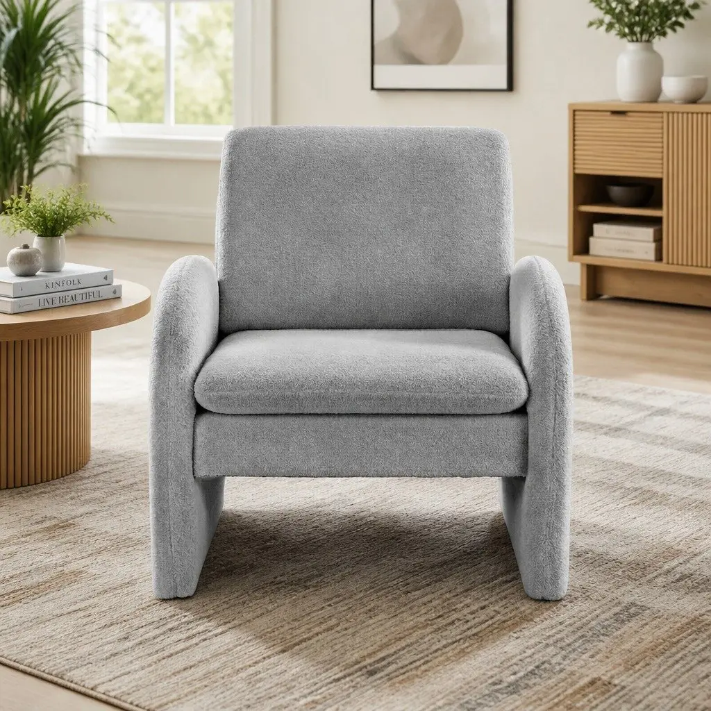 Grey Boucle Accent Armchair with Curved Armrests