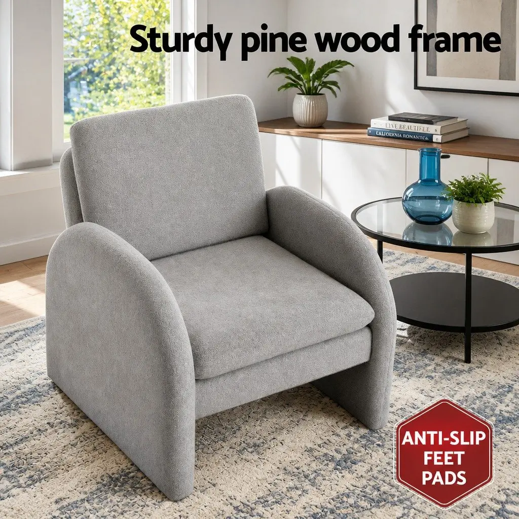 Grey Boucle Accent Armchair with Curved Armrests