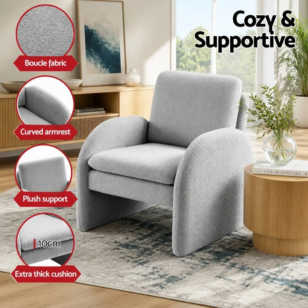 Grey Boucle Accent Armchair with Curved Armrests