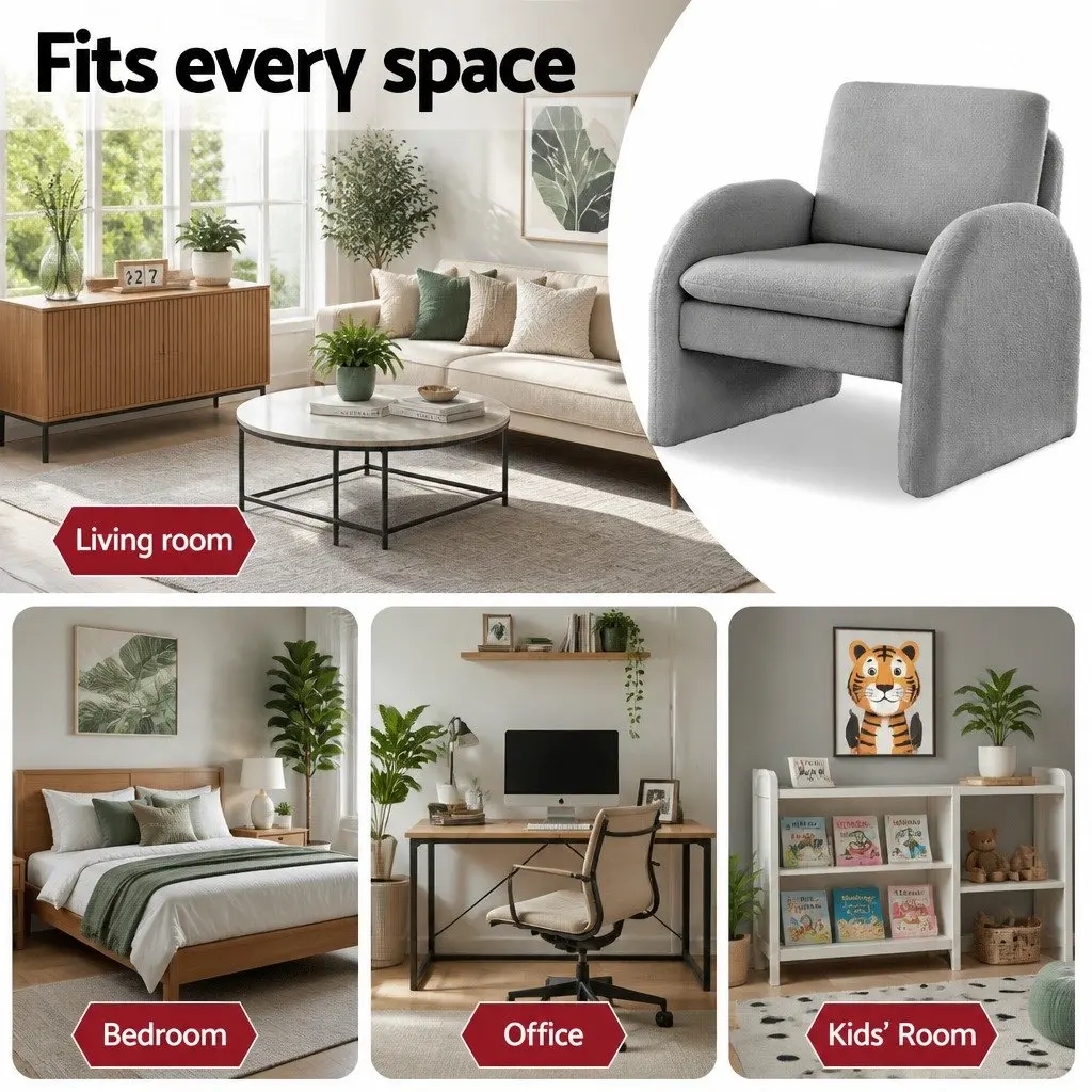 Grey Boucle Accent Armchair with Curved Armrests