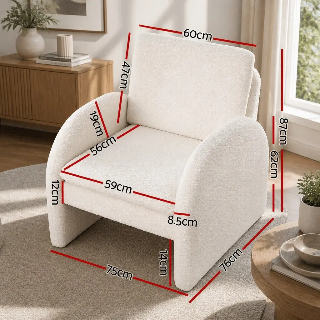 Armchair Boucle White Curved Arm Seat 75cm x 76cm x 87cm