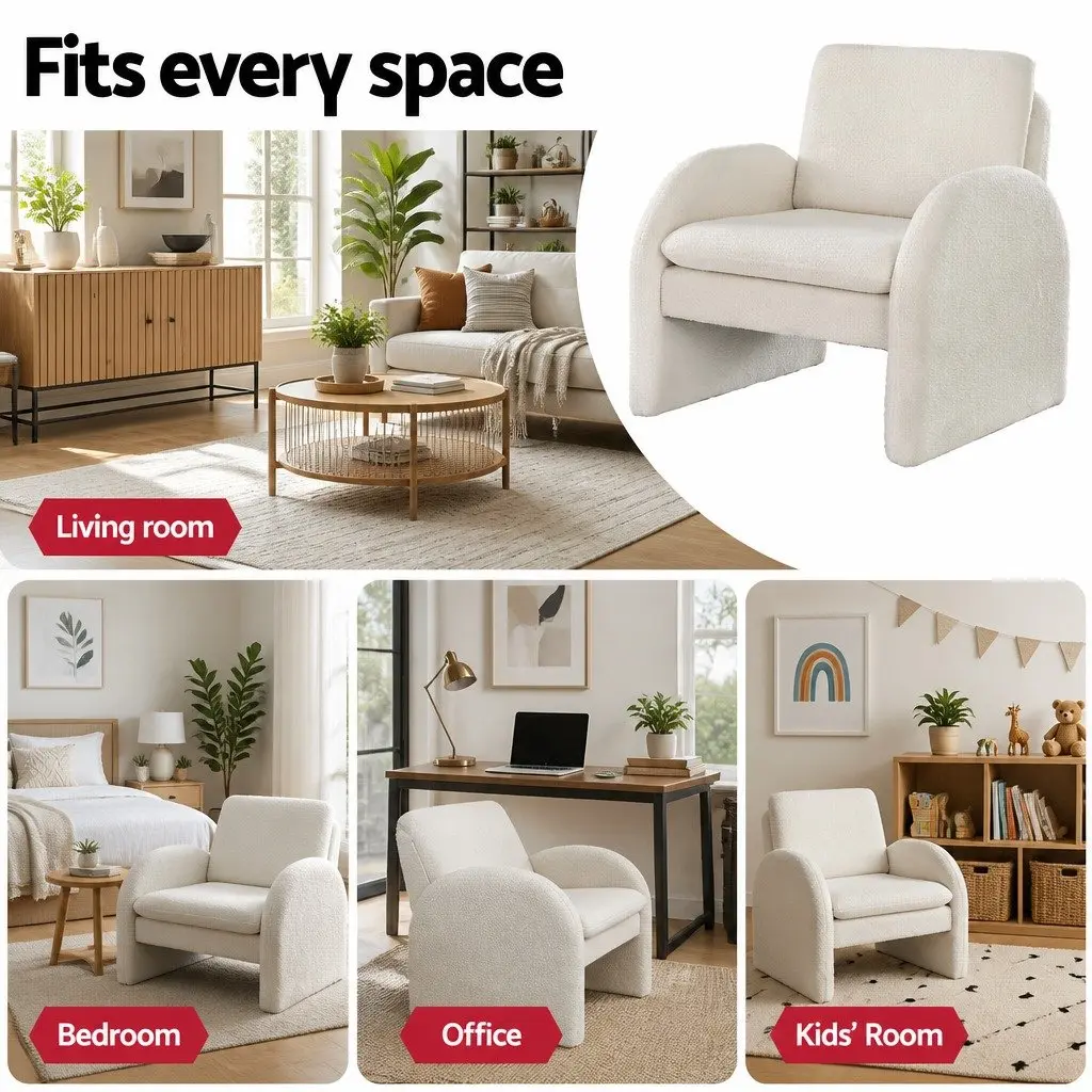 Armchair Boucle White Curved Arm Seat 75cm x 76cm x 87cm