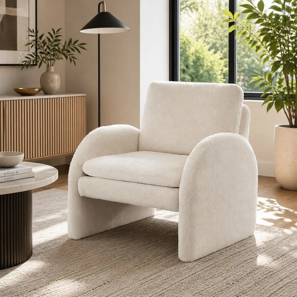 Armchair Boucle White Curved Arm Seat 75cm x 76cm x 87cm