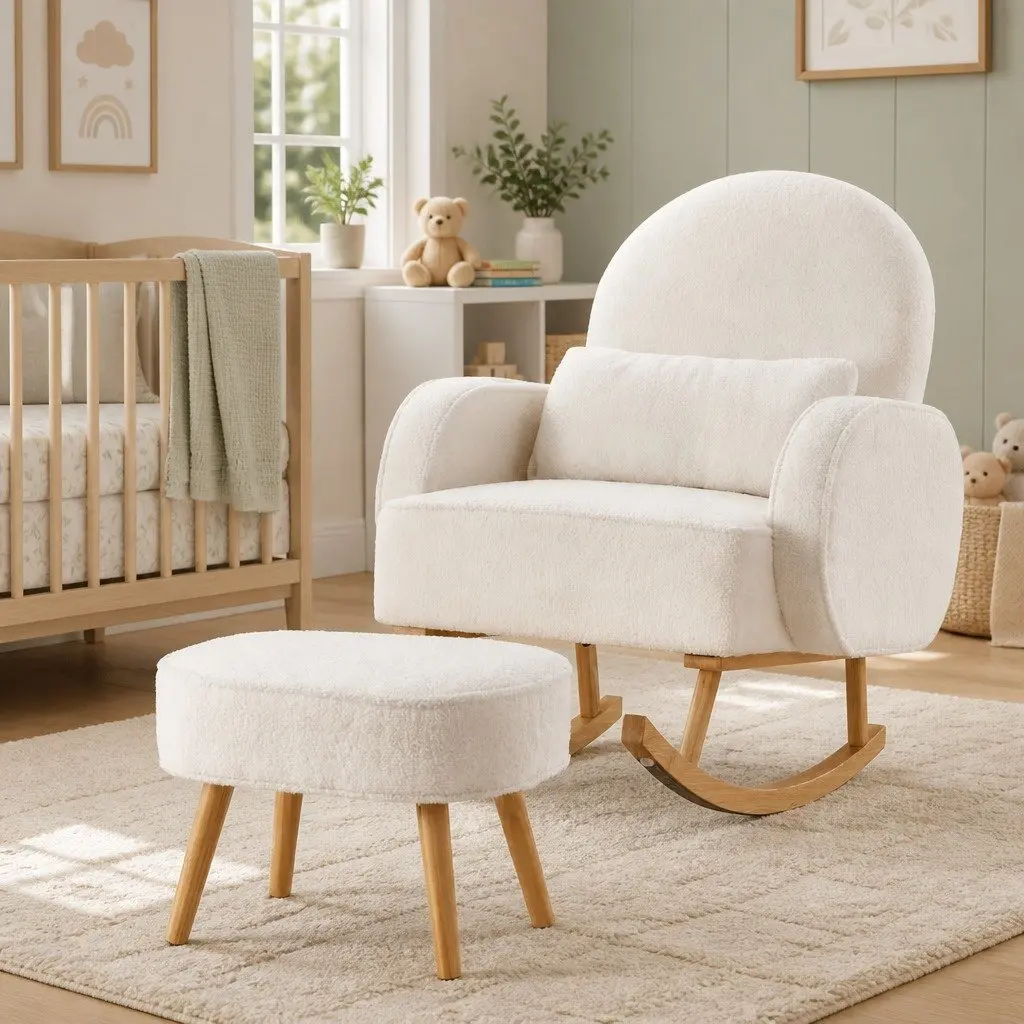 Boucle Upholstered Armchair Rocking Chair and Ottoman Set