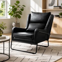 Armchair Accent Chair Wingback Black PU Leather Metal Frame Padded Seat