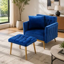Velvet Blue Armchair Ottoman with Adjustable Backrest