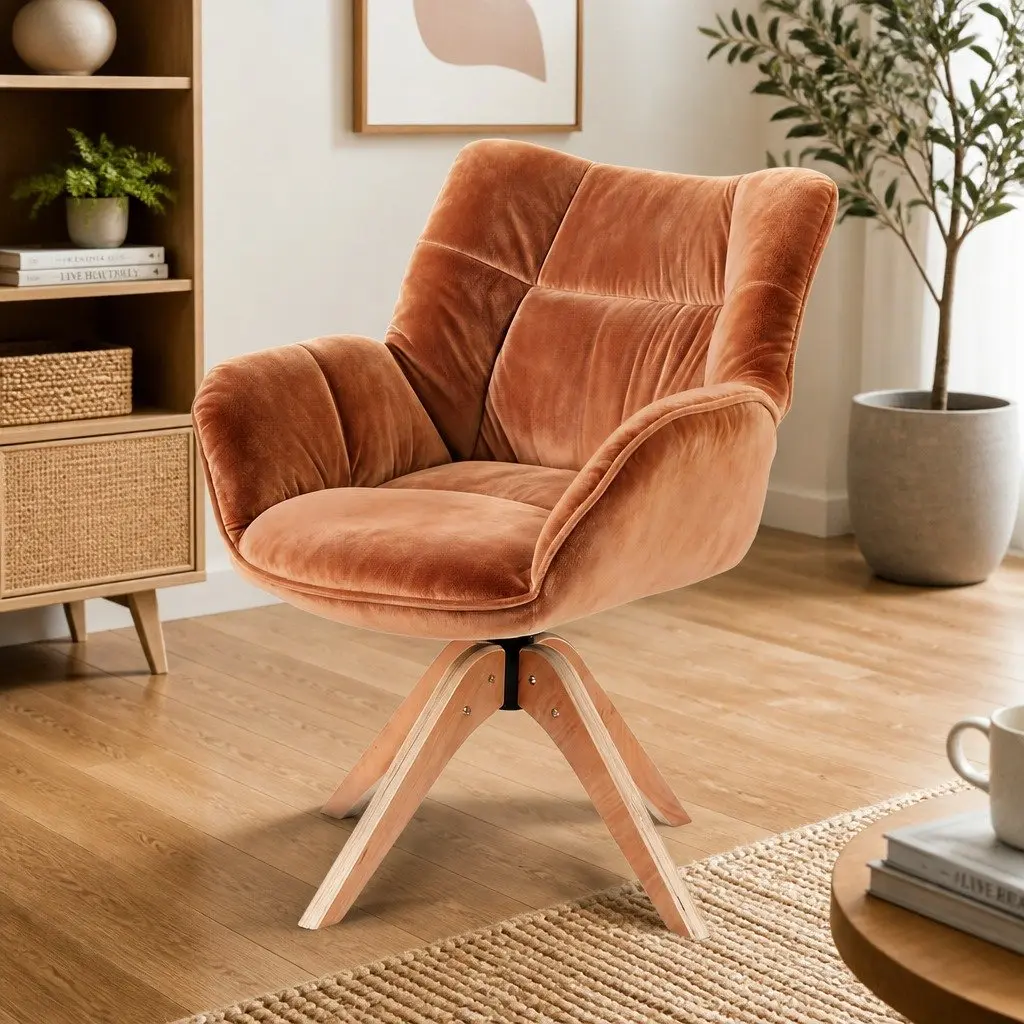 Swivel Armchair Velvet Brown 360 Degree Rotating Ergonomic Curved Armrests