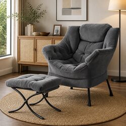 Stylish Velvet Armchair with Ottoman Set in Grey