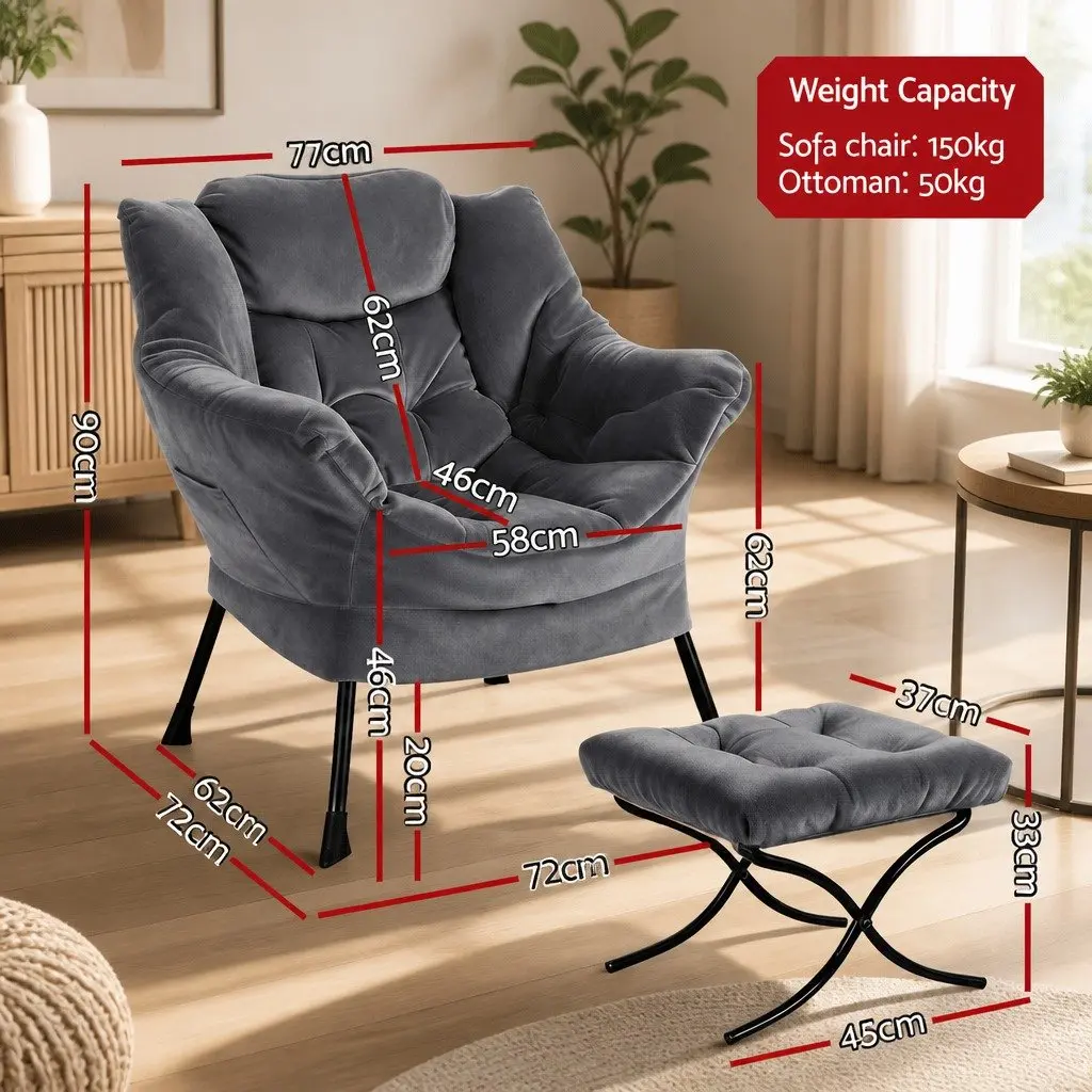 Armchair Velvet Grey Lounge Chair with Ottoman Footrest