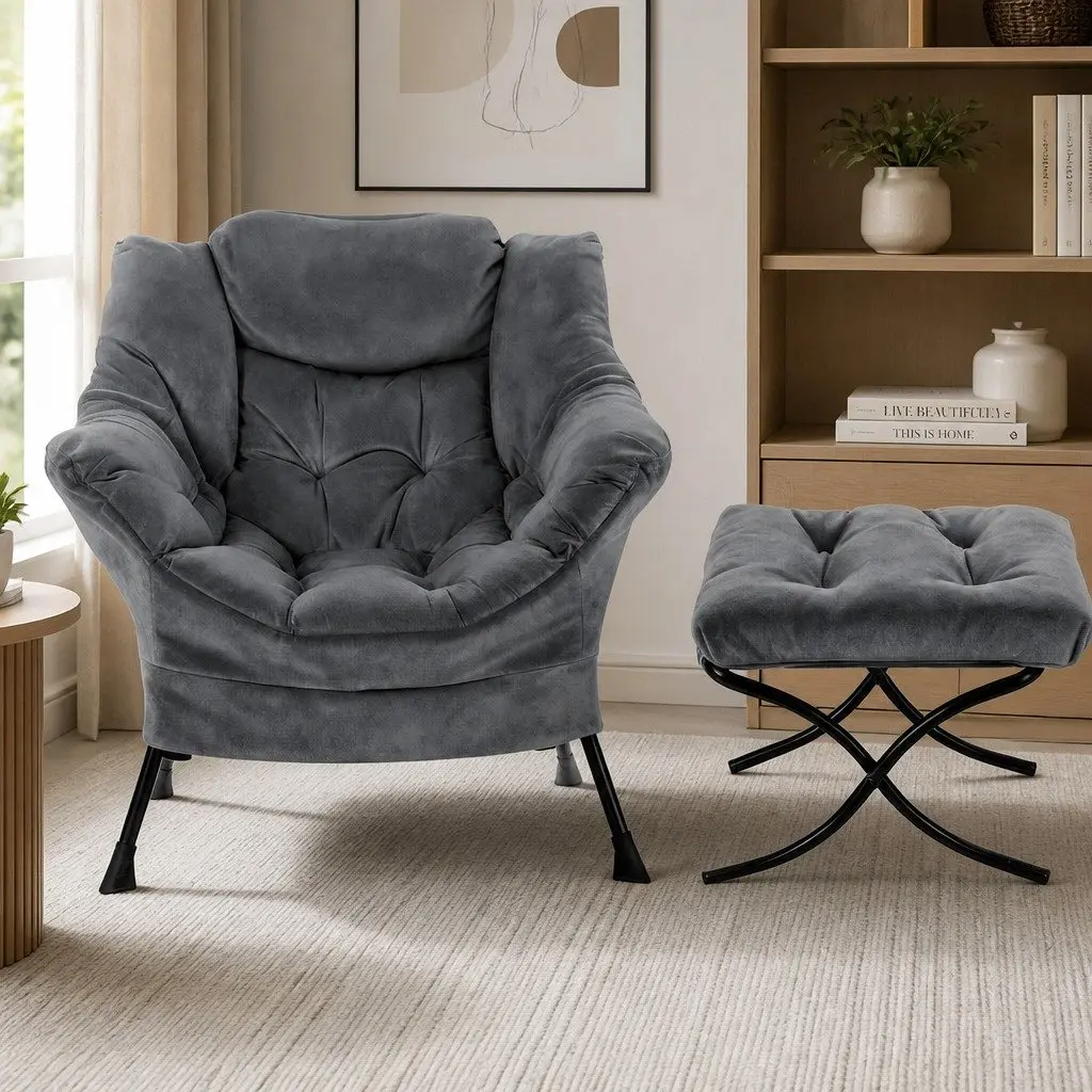 Armchair Velvet Grey Lounge Chair with Ottoman Footrest