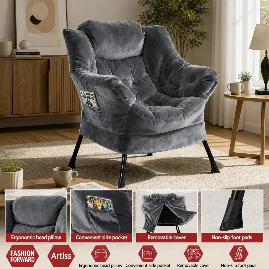Armchair Velvet Grey Lounge Chair with Ottoman Footrest