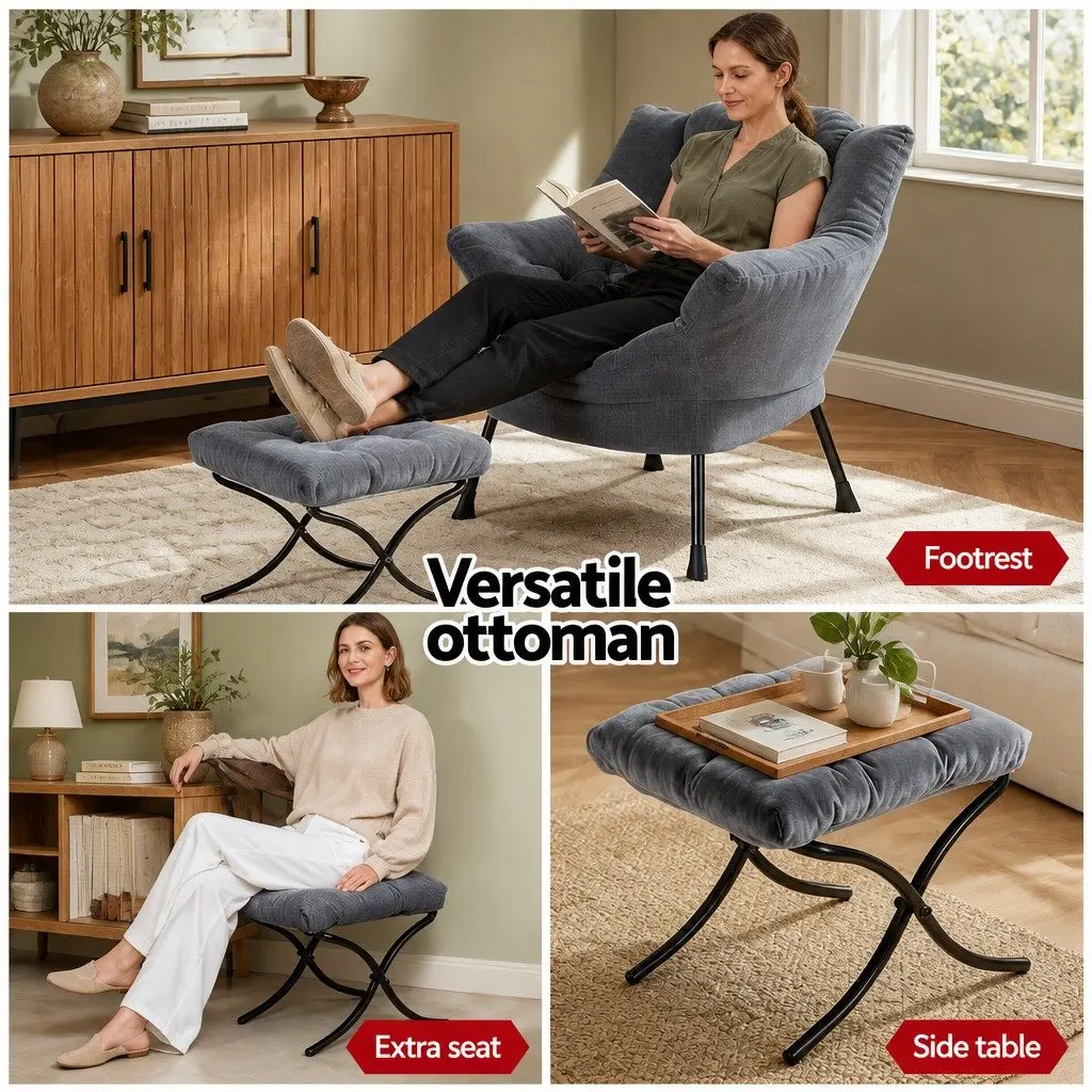 Armchair Velvet Grey Lounge Chair with Ottoman Footrest