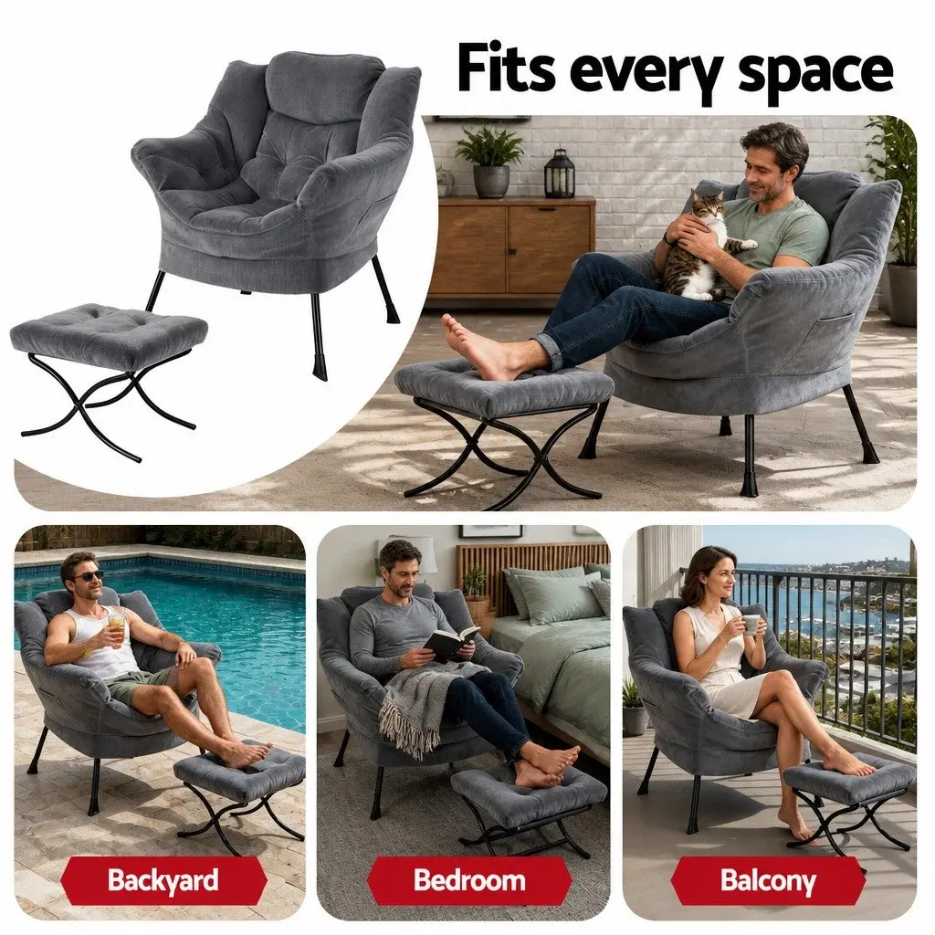 Armchair Velvet Grey Lounge Chair with Ottoman Footrest