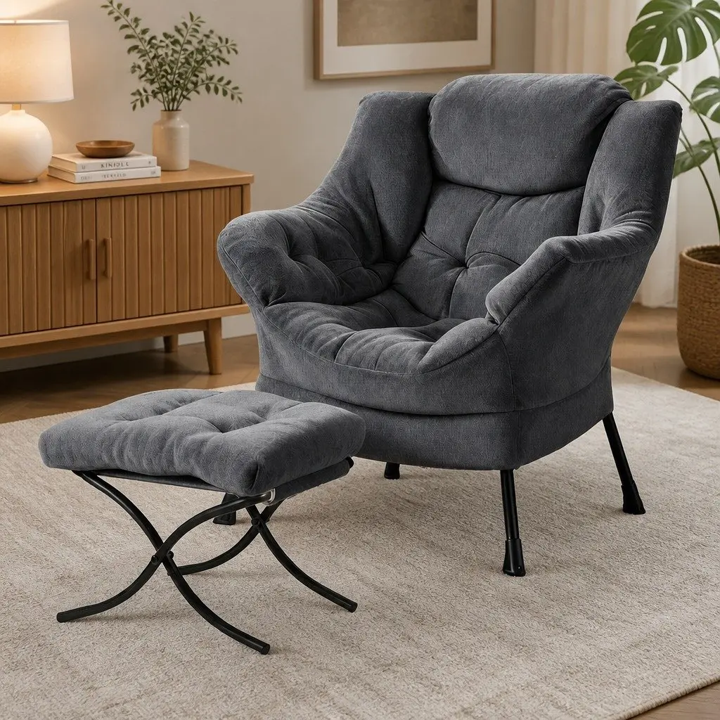 Armchair Velvet Grey Lounge Chair with Ottoman Footrest