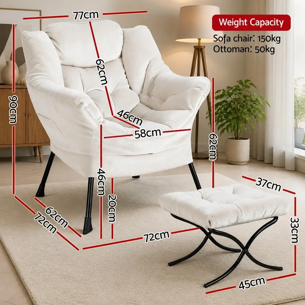Velvet Armchair and Ottoman Set in Beige
