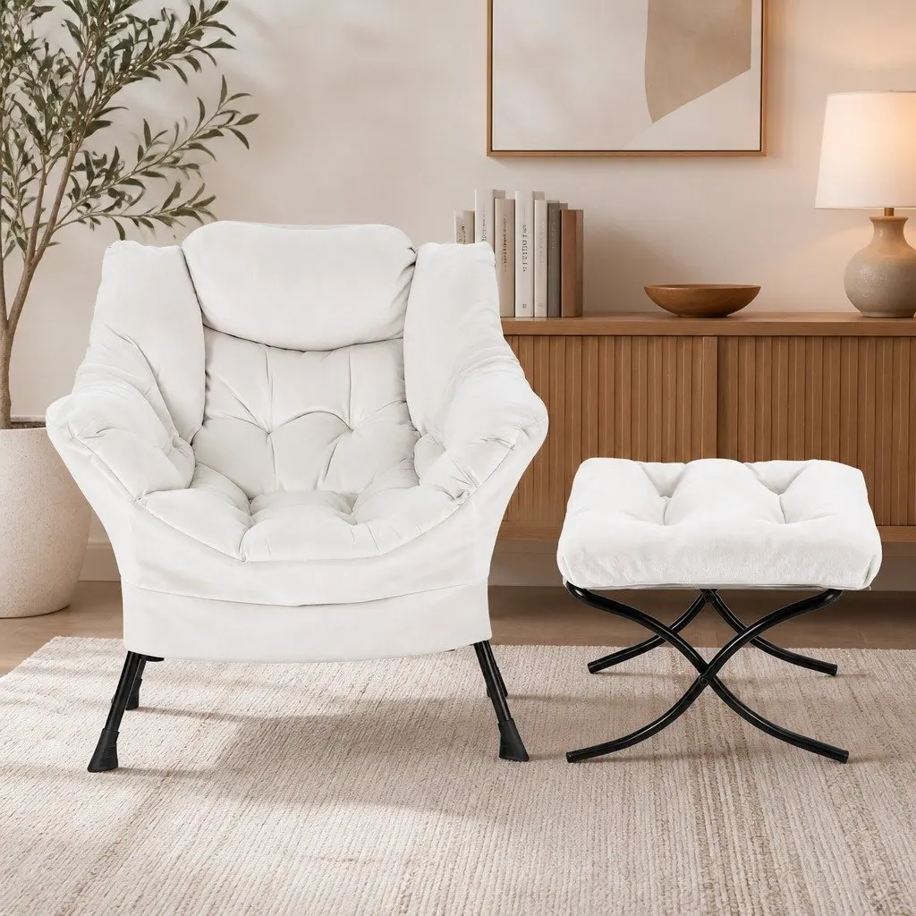 Velvet Armchair and Ottoman Set in Beige