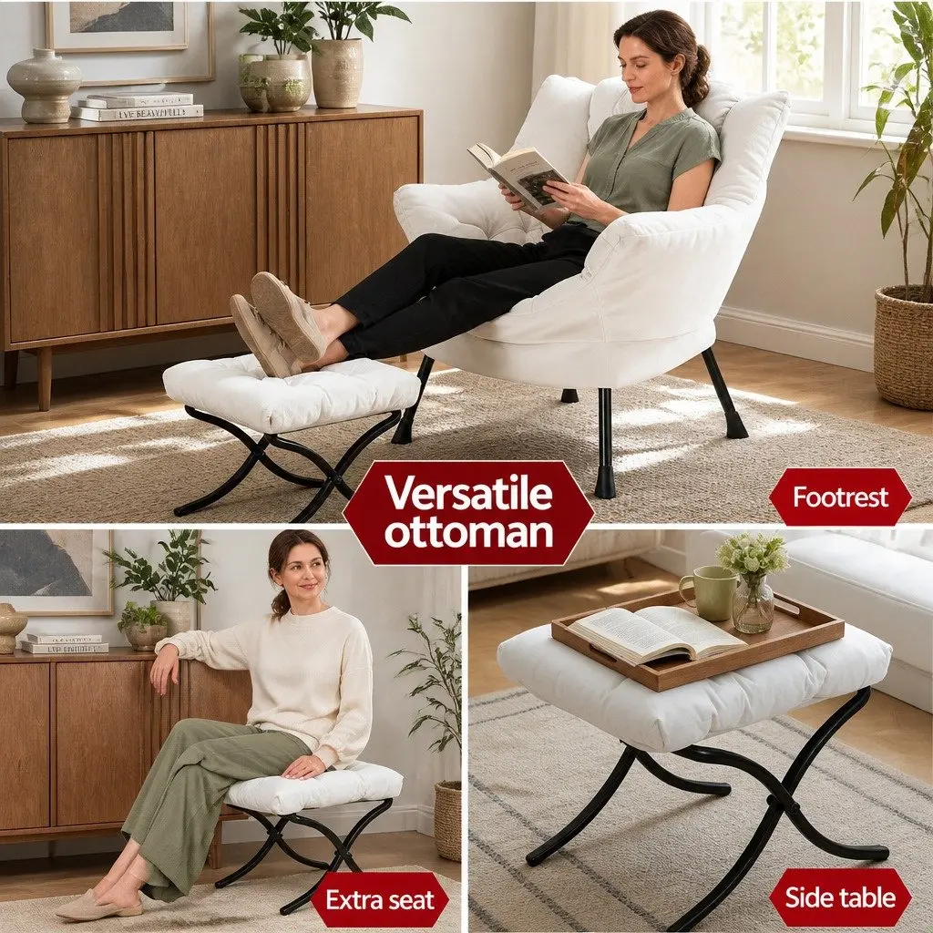 Velvet Armchair and Ottoman Set in Beige