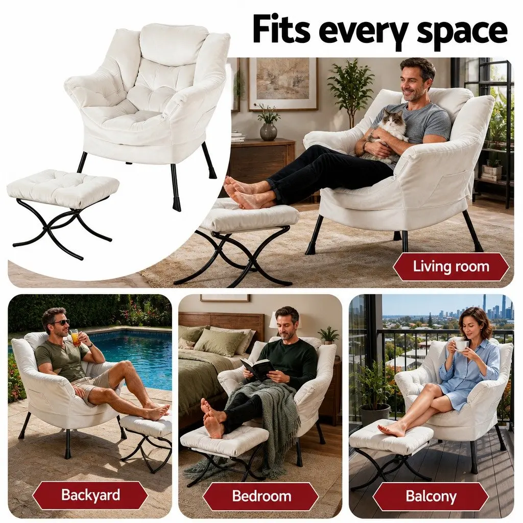 Velvet Armchair and Ottoman Set in Beige