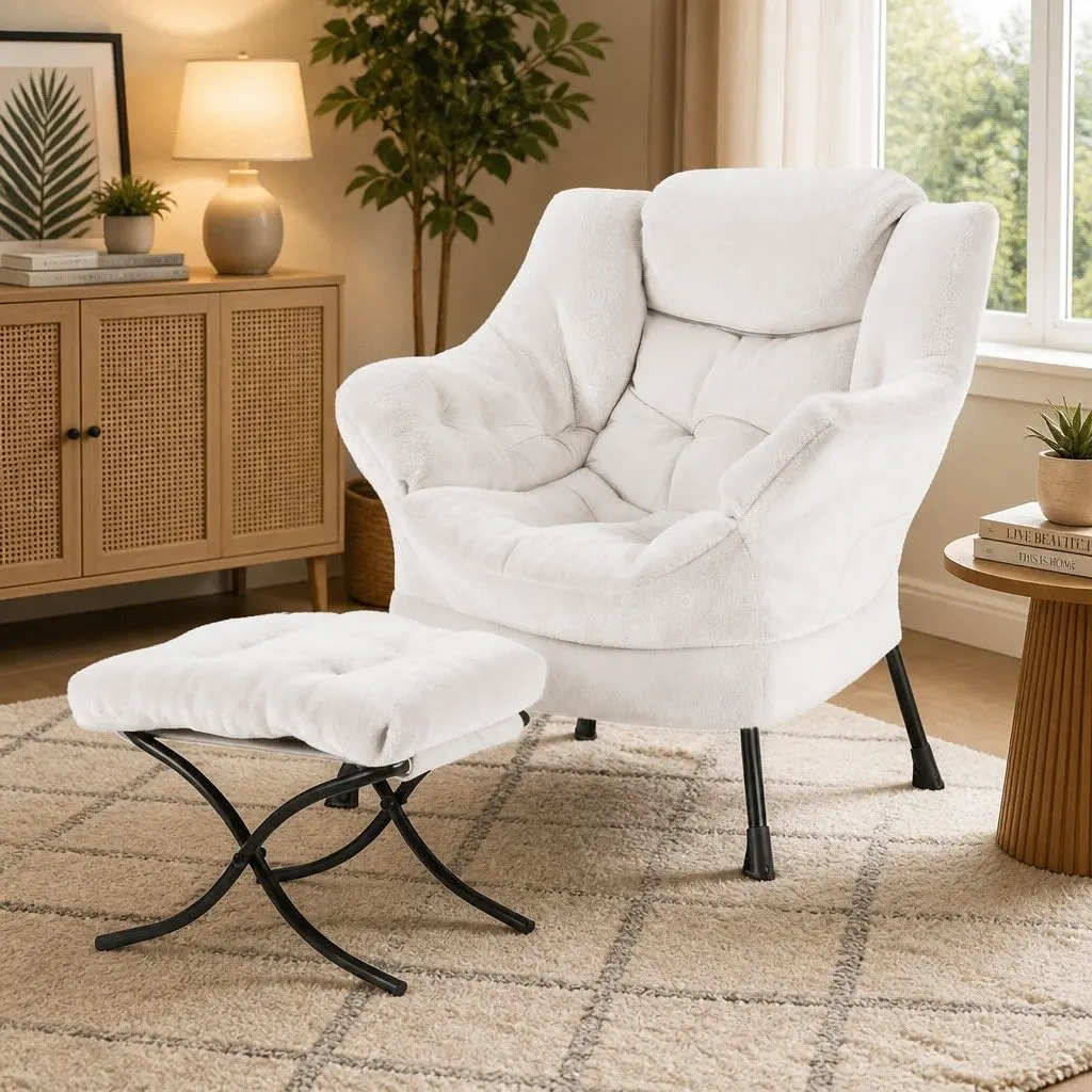 Velvet Armchair and Ottoman Set in Beige