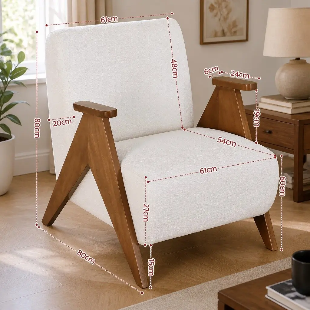 Armchair Chenille Fabric Beige Upholstered Sturdy Wood Frame
