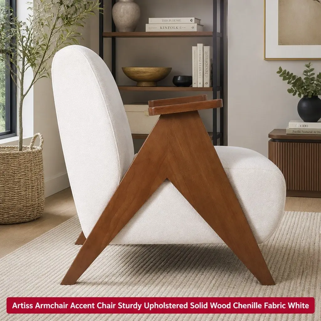 Armchair Chenille Fabric Beige Upholstered Sturdy Wood Frame