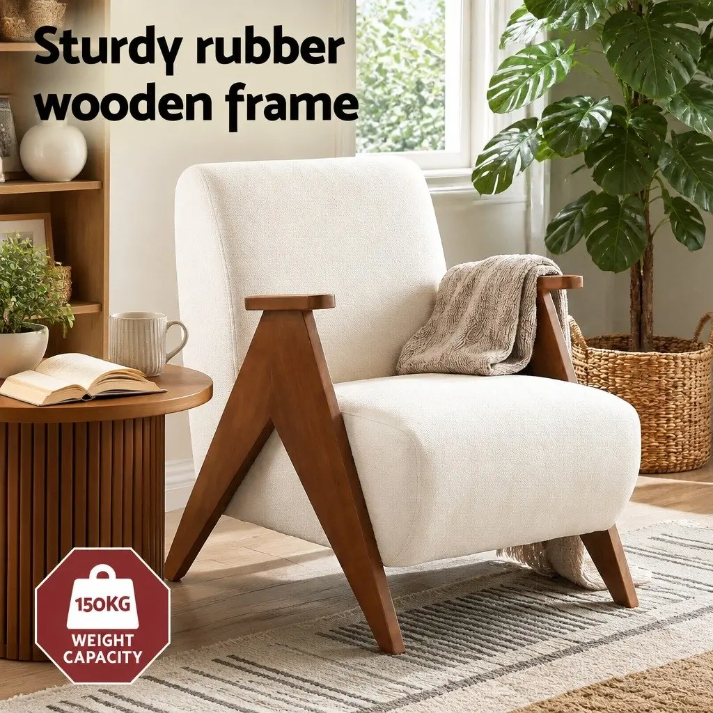 Armchair Chenille Fabric Beige Upholstered Sturdy Wood Frame