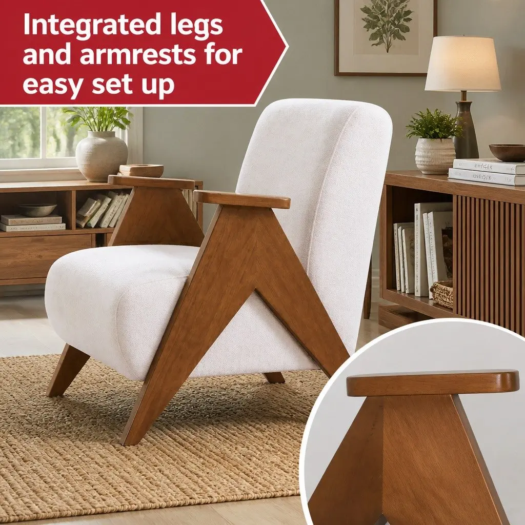 Armchair Chenille Fabric Beige Upholstered Sturdy Wood Frame