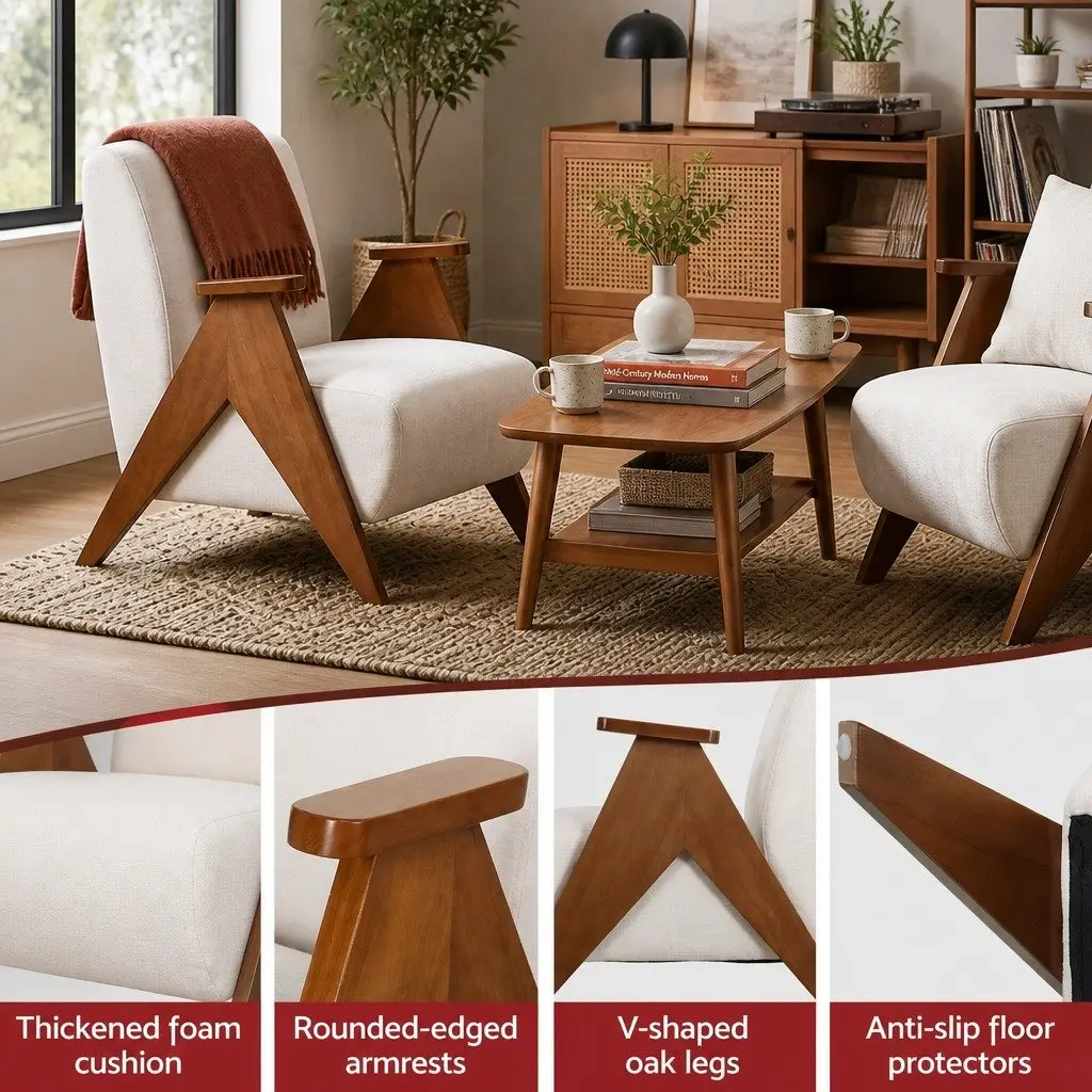 Armchair Chenille Fabric Beige Upholstered Sturdy Wood Frame