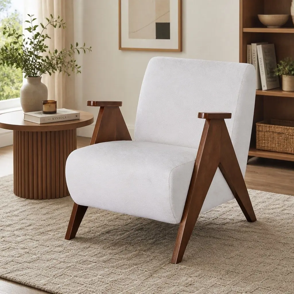 Armchair Chenille Fabric Beige Upholstered Sturdy Wood Frame