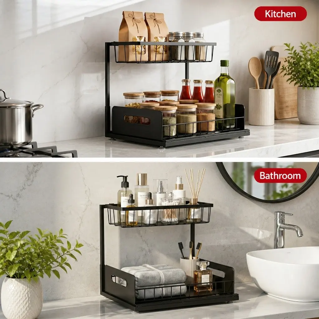 Under Sink Organizer Iron L Shape 34.5cm x 27cm x 27.5cm Black