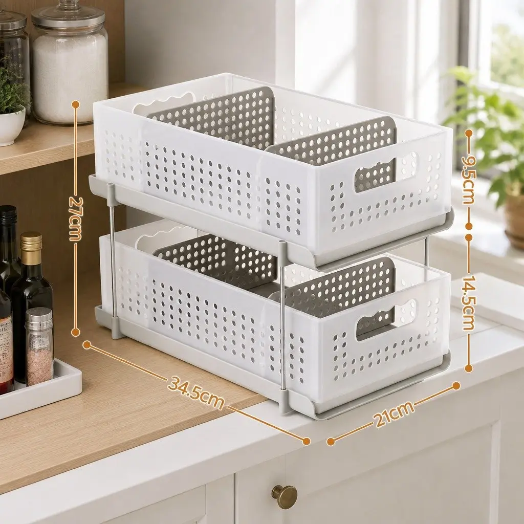 Under Sink Organizer Plastic 2 Tier 21cm White