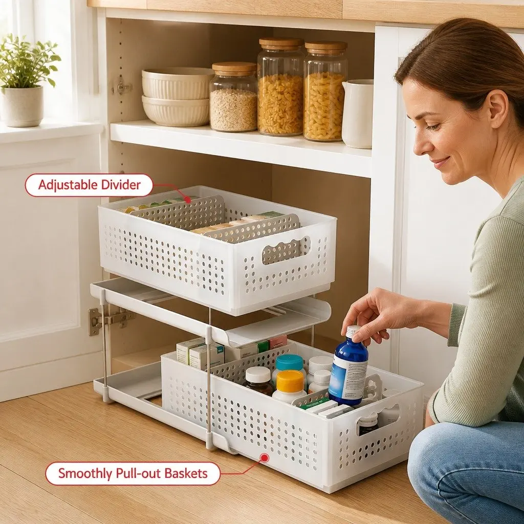 Under Sink Organizer Plastic 2 Tier 21cm White