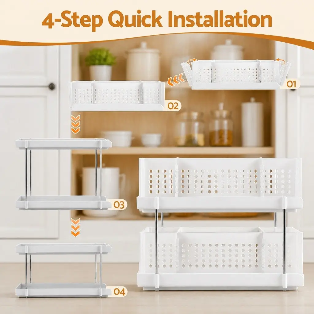 Under Sink Organizer Plastic 2 Tier 21cm White