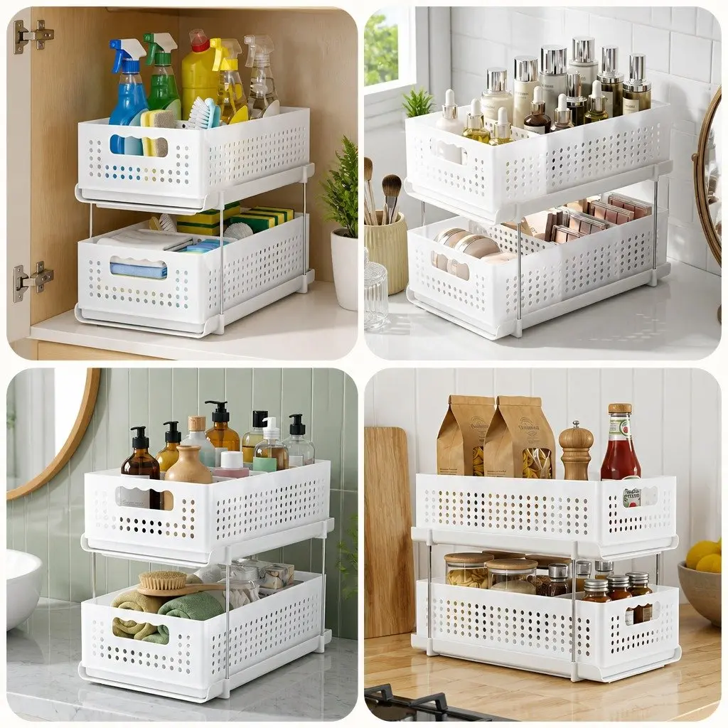 Under Sink Organizer Plastic 2 Tier 21cm White