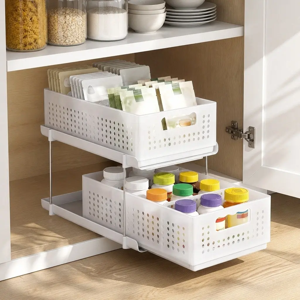 Under Sink Organizer Plastic 2 Tier 21cm White